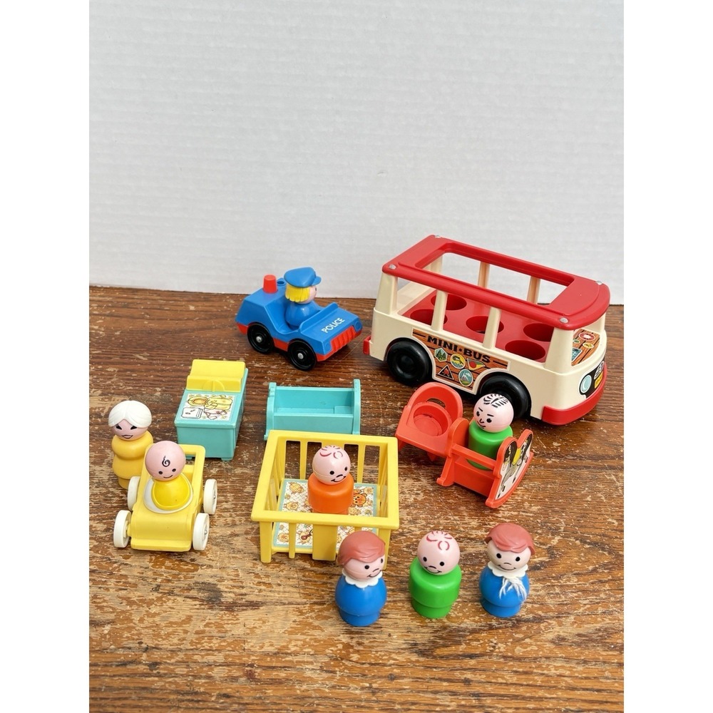 1972 Vintage Fisher-Price Little People Nursery Set Police Car And Mini Bus